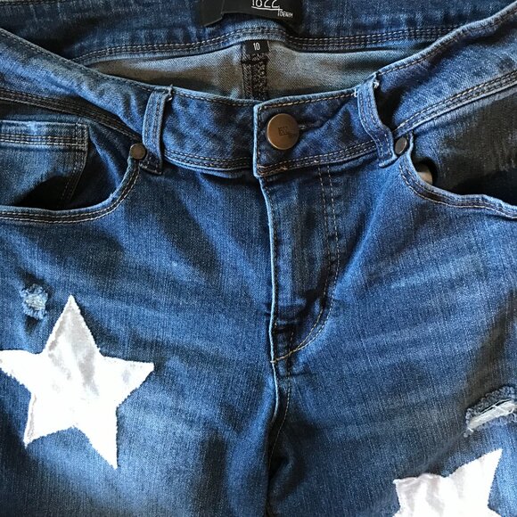 Upcycled Patchwork Jeans 1822, Size 10: Reworked Cropped Ankle Pants White Stars - Picture 13 of 13